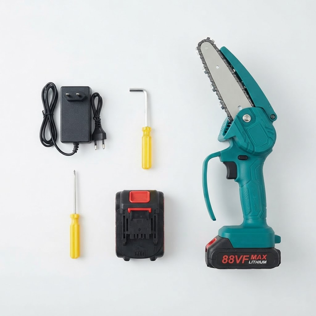 Kit completo com carregador bivolt, chaves de ajuste, bateria extra e a motosserra